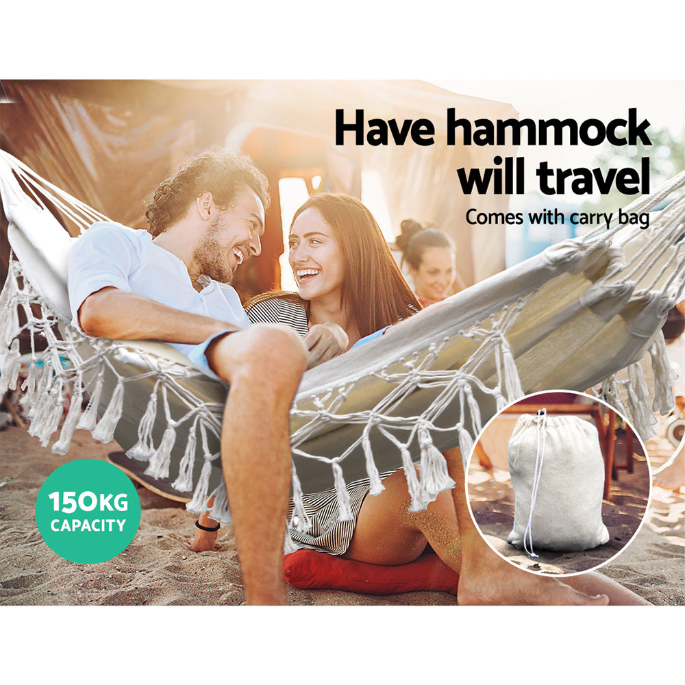 Gardeon Hanging Tassel Hammock Swing Bed Cream-Hammock-PEROZ Accessories