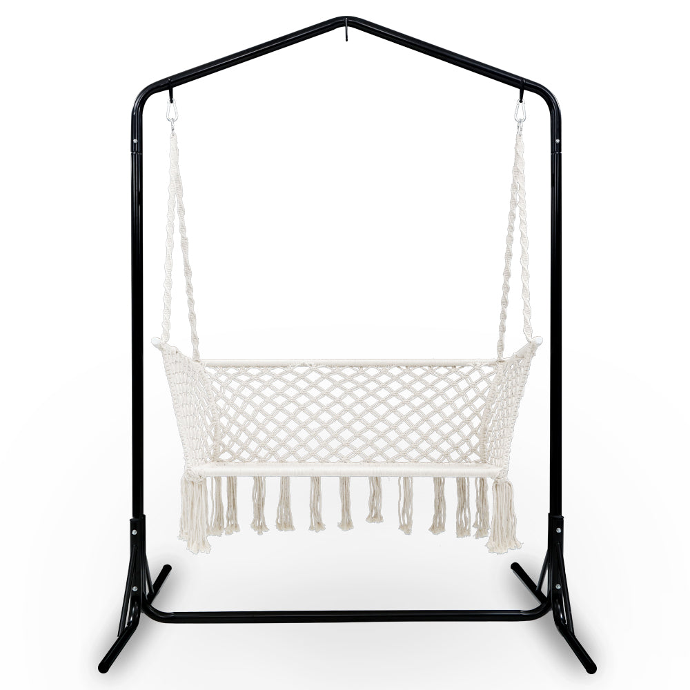Gardeon Double Swing Hammock Chair with Stand Macrame Outdoor Bench Seat Chairs-Home & Garden > Hammocks-PEROZ Accessories