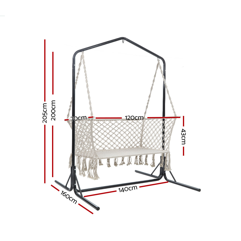 Gardeon Double Swing Hammock Chair with Stand Macrame Outdoor Bench Seat Chairs-Home & Garden > Hammocks-PEROZ Accessories