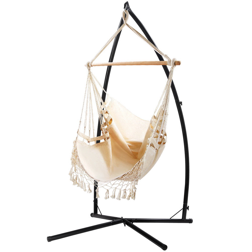 Gardeon Outdoor Hammock Chair with Steel Stand Tassel Hanging Rope Hammock Cream-Hammock-PEROZ Accessories