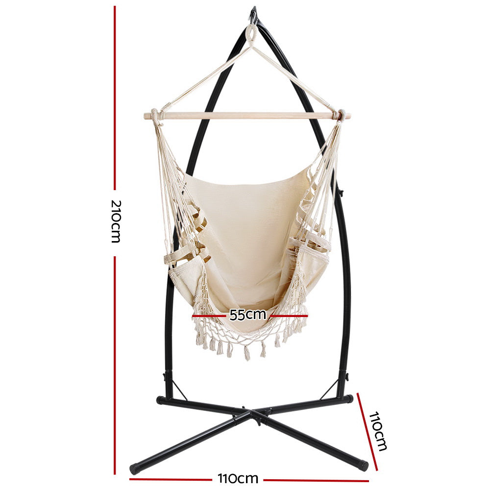 Gardeon Outdoor Hammock Chair with Steel Stand Tassel Hanging Rope Hammock Cream-Hammock-PEROZ Accessories