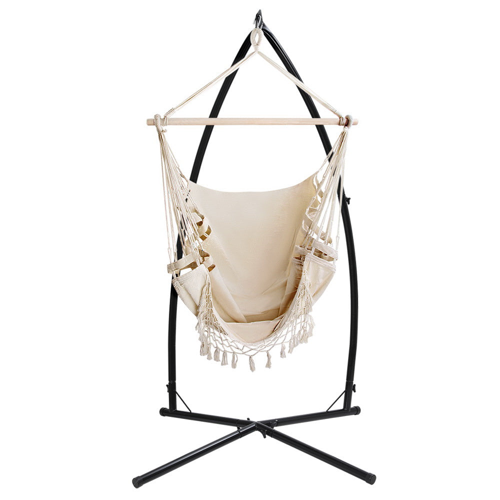 Gardeon Outdoor Hammock Chair with Steel Stand Tassel Hanging Rope Hammock Cream-Hammock-PEROZ Accessories