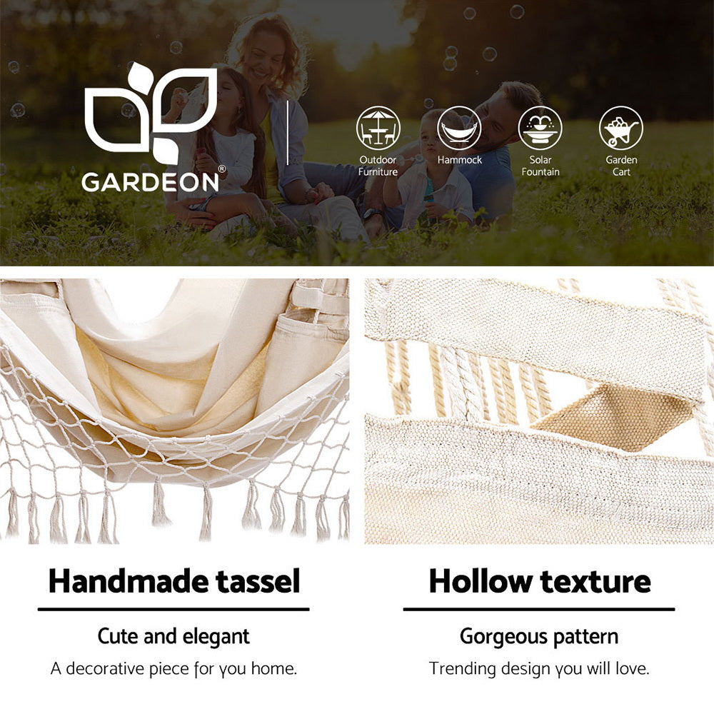 Gardeon Outdoor Hammock Chair with Steel Stand Tassel Hanging Rope Hammock Cream-Hammock-PEROZ Accessories