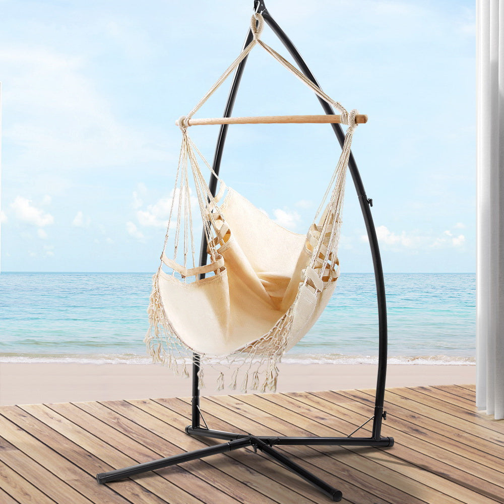 Gardeon Outdoor Hammock Chair with Steel Stand Tassel Hanging Rope Hammock Cream-Hammock-PEROZ Accessories