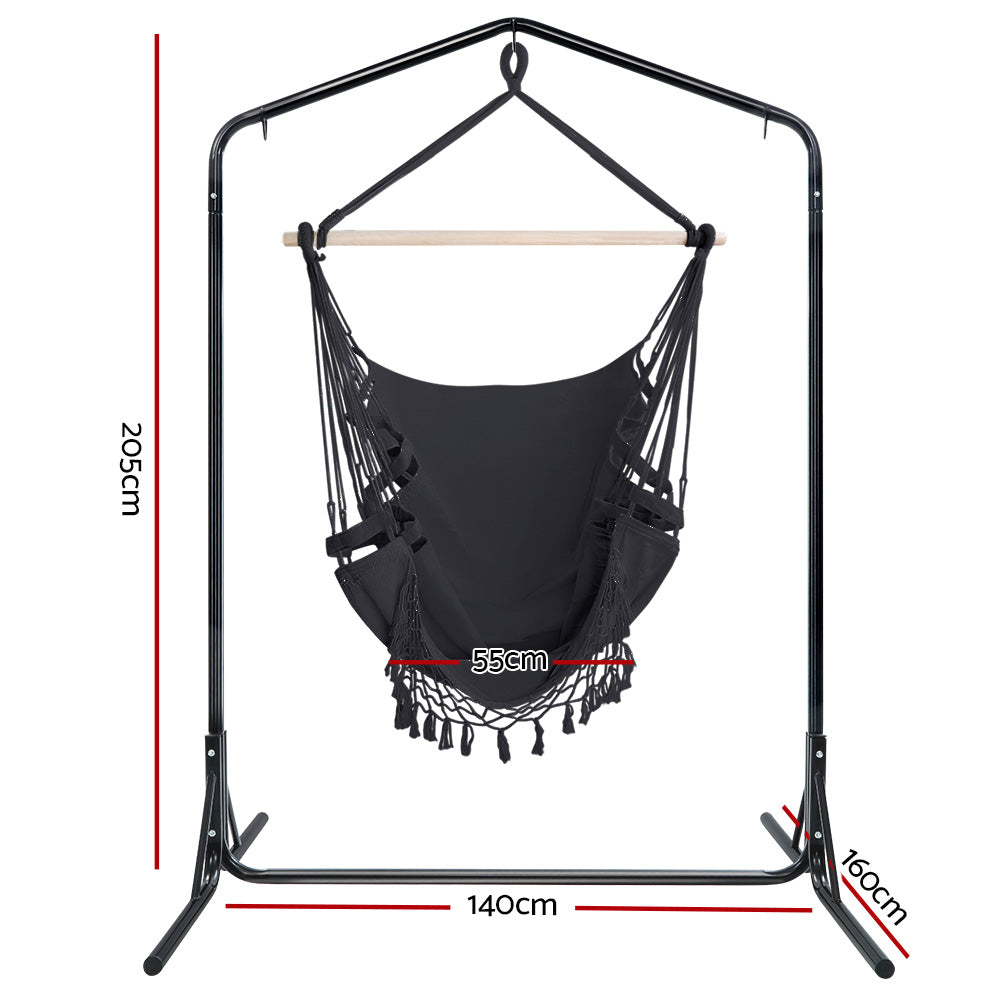 Gardeon Outdoor Hammock Chair with Stand Tassel Hanging Rope Hammocks Grey-Hammock-PEROZ Accessories