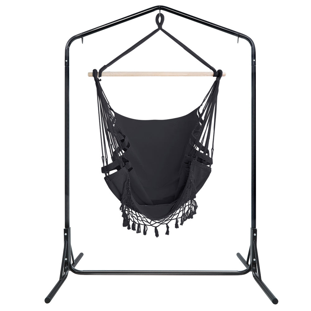 Gardeon Outdoor Hammock Chair with Stand Tassel Hanging Rope Hammocks Grey-Hammock-PEROZ Accessories