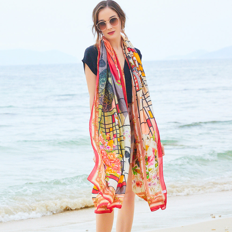 Anyyou 100% Mulberry Silk Orange Long Scarf Luxury Brand Women Beach Shawl Wear Swimwear Pashimina Face Shield Foulard-Scarves-PEROZ Accessories