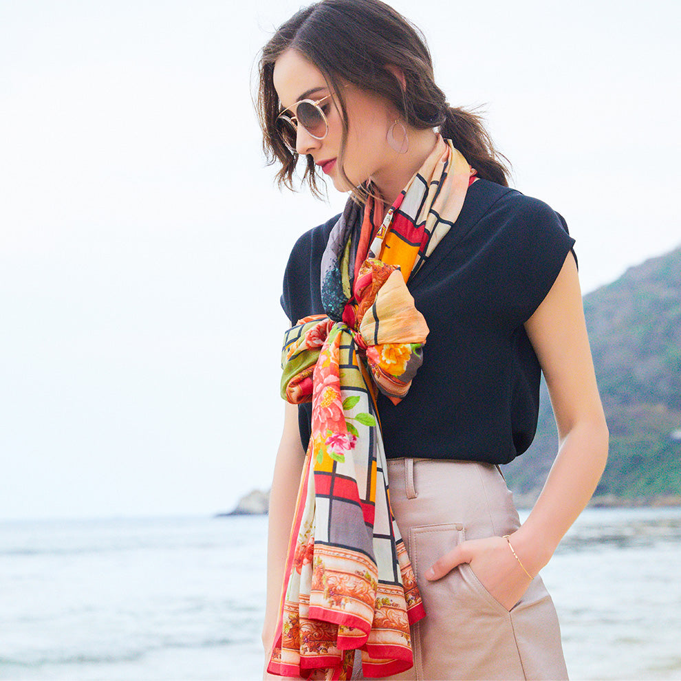 Anyyou 100% Mulberry Silk Orange Long Scarf Luxury Brand Women Beach Shawl Wear Swimwear Pashimina Face Shield Foulard-Scarves-PEROZ Accessories