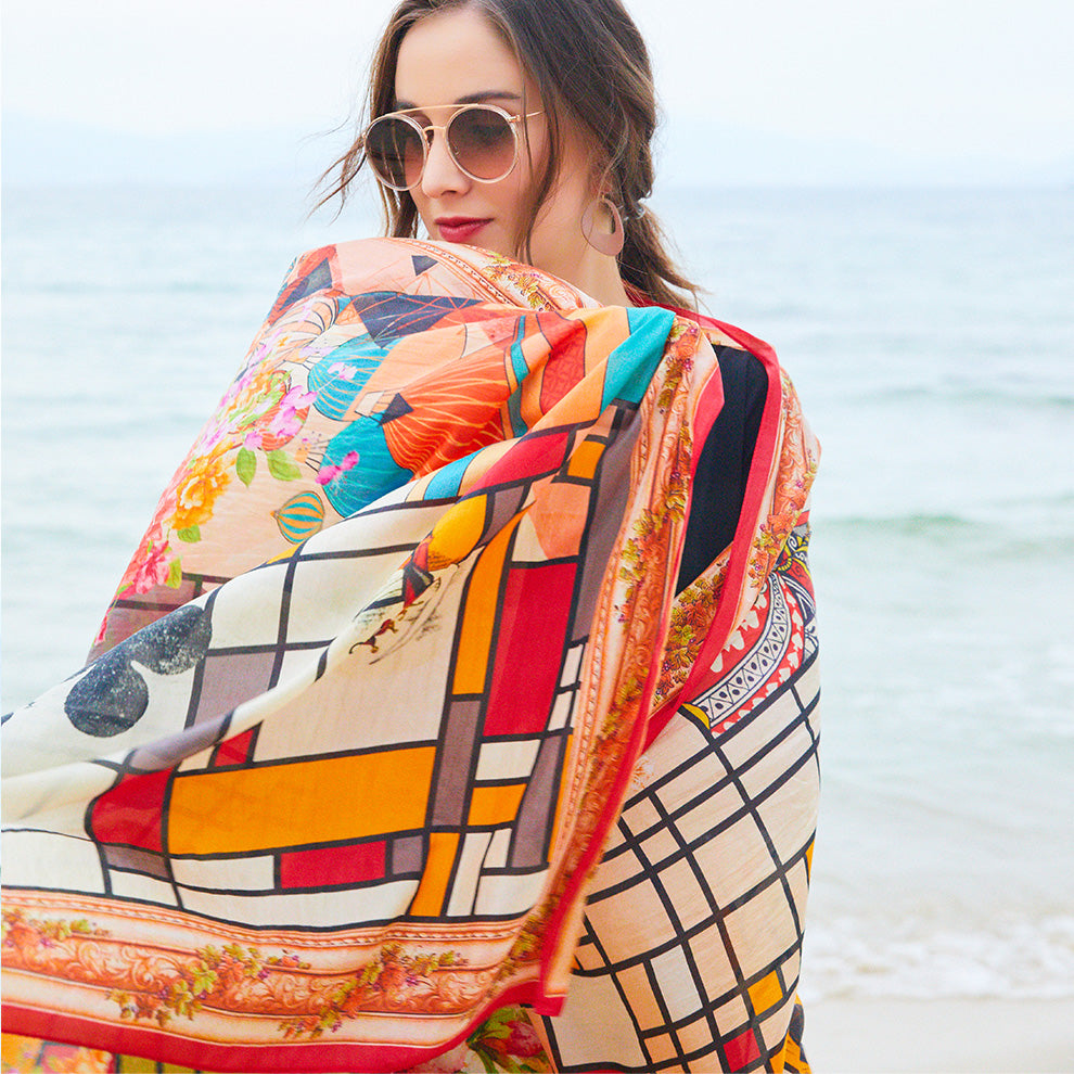 Anyyou 100% Mulberry Silk Orange Long Scarf Luxury Brand Women Beach Shawl Wear Swimwear Pashimina Face Shield Foulard-Scarves-PEROZ Accessories