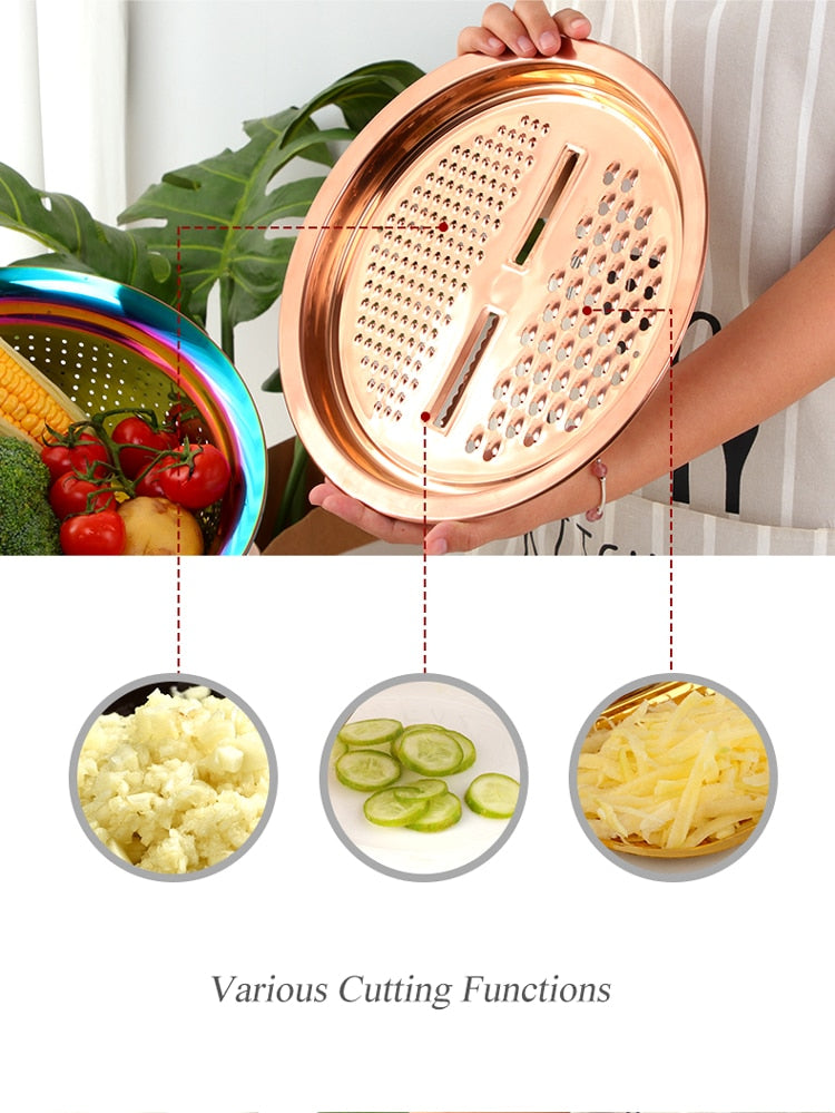 Anygleam Silver Stainless Steel Basket Strainer Bowl with Vegetable Cutter/ Slicer for Buffet and Restaurant Kitchenware-Kitchen Tools & Utensils-PEROZ Accessories