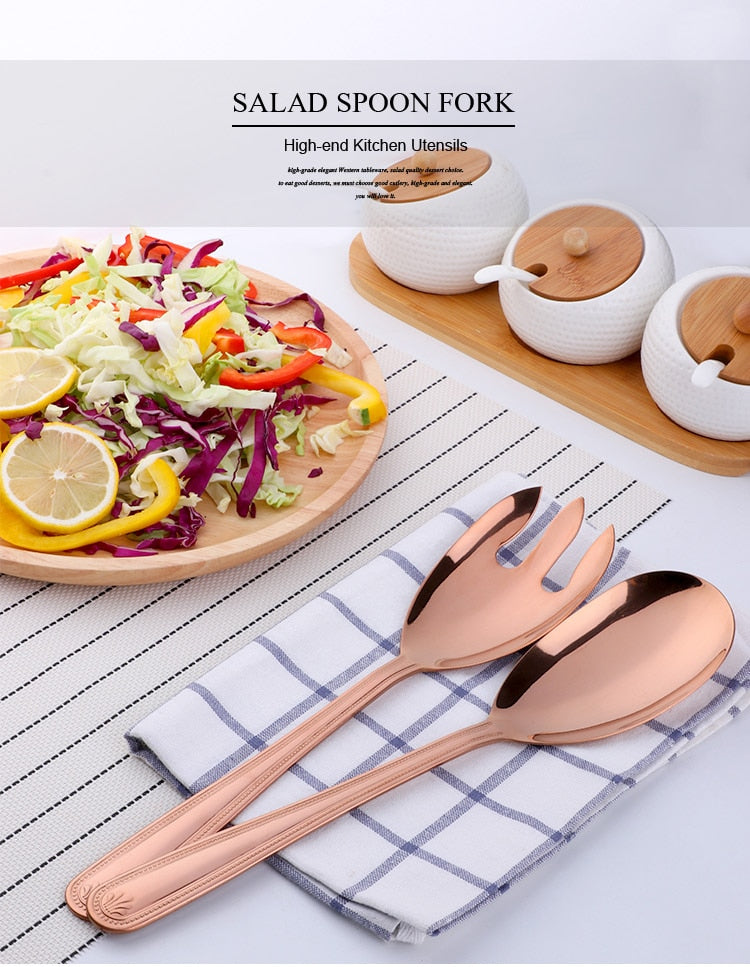 Anygleam Rose Gold Stainless Steel 2 Pcs Giant Salad Spoon and Fork Set for Buffet and Restaurant Kitchenware-Kitchen Tools & Utensils-PEROZ Accessories