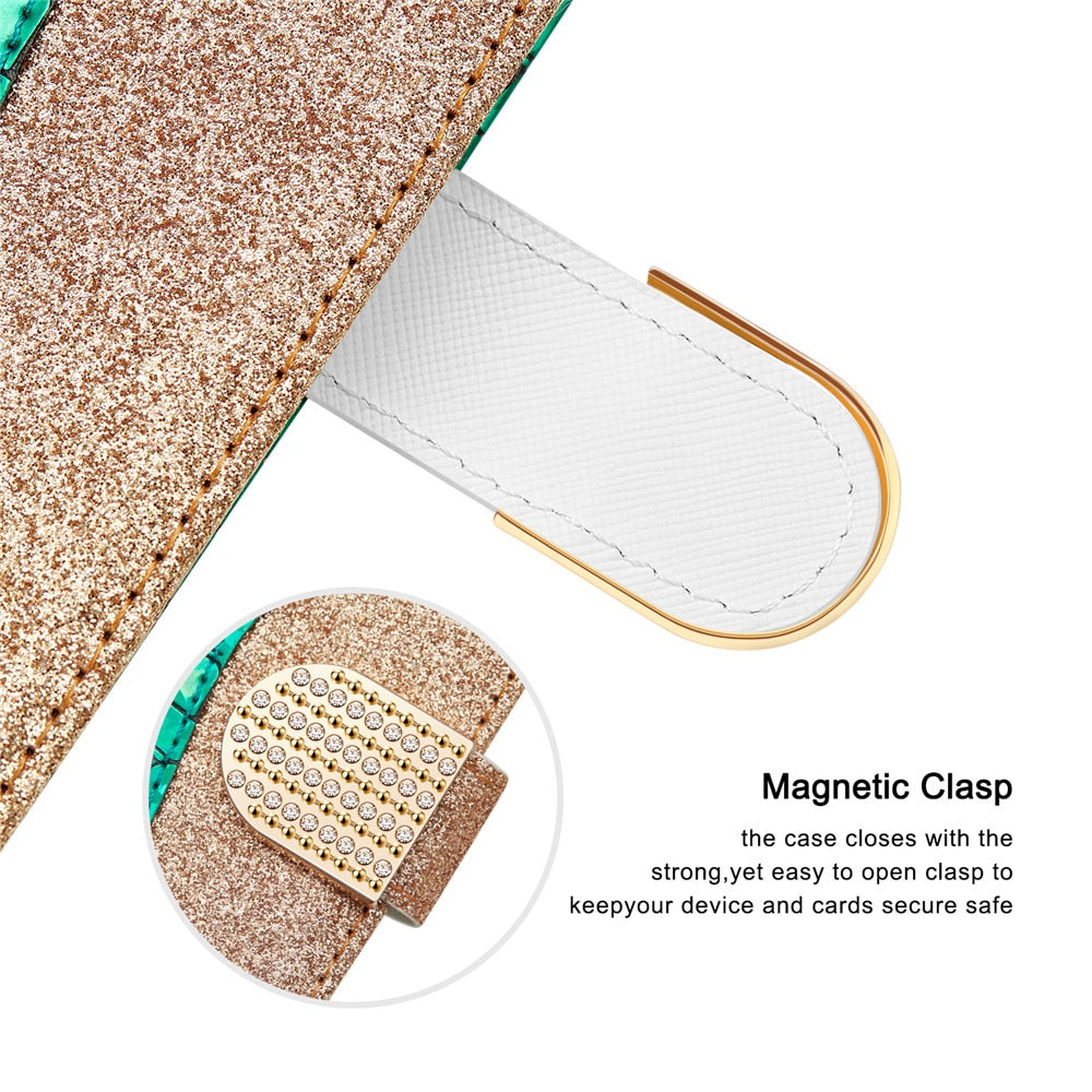 Anymob iPhone Case Yellow Laser Flash Powder Flip Magnetic Wallet Stand Function-Mobile Phone Cases-PEROZ Accessories