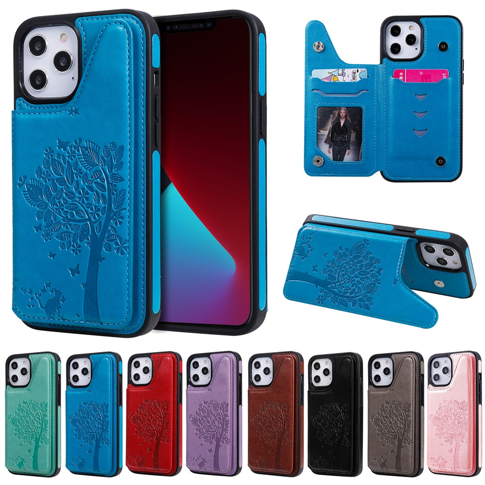 Anymob iPhone Case Mint Green 3D Tree Cat Leather Flip Wallet Cover-Mobile Phone Cases-PEROZ Accessories