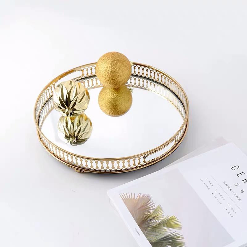 Anyhouz 25cm Gold Round Glass Mirror Base Metal Vanity Food Serving Organizer Jewelry Cosmetics Storage Tray with Handle-Food & Accessory Tray-PEROZ Accessories