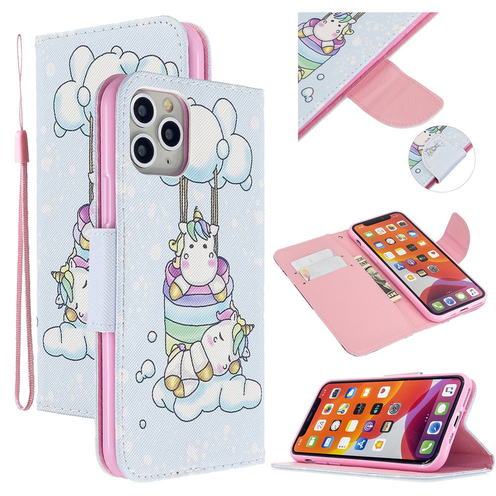 Anymob iPhone Case Multicolor Flower Unicorn Painted Leather Magnetic Flip Wallet Cover Shell-Mobile Phone Cases-PEROZ Accessories