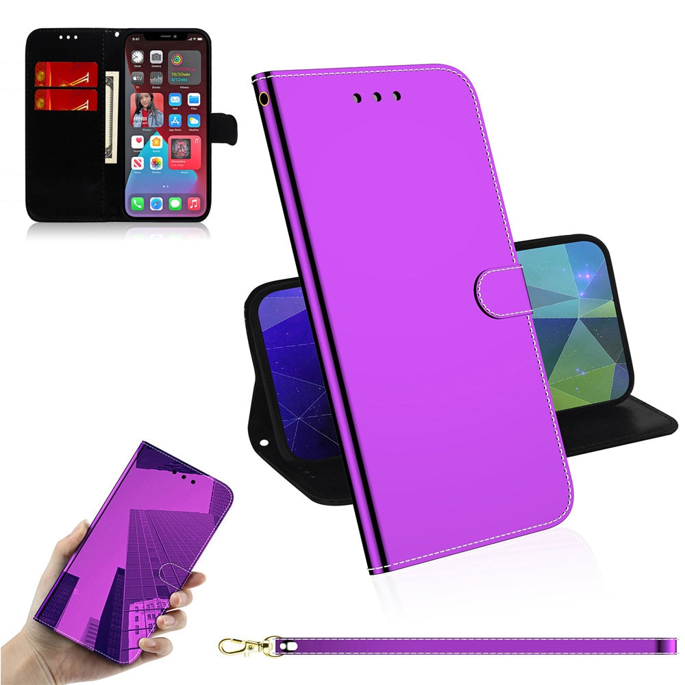 Anymob iPhone Light Blue Smooth Surface Mirror Leather Case Flip Wallet With Card Slots Cover-Mobile Phone Cases-PEROZ Accessories