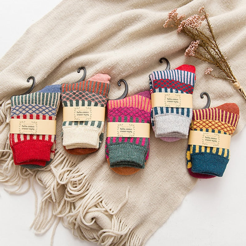 Anysox 5 Pairs One Size 5-9 Mix Color Winter Thick Warm Wool Socks With Colorful Fashionable And Casual Euramerican National Wind-Flowers Sock-Socks-PEROZ Accessories