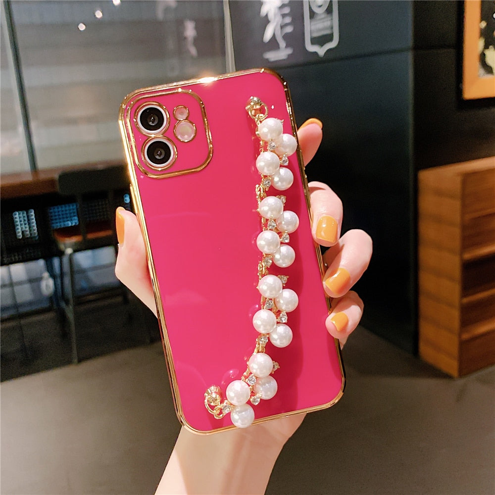 Anymob iPhone Case Blue Pearl Bracelet Electroplating Silicone Cover With Wristband-Mobile Phone Cases-PEROZ Accessories