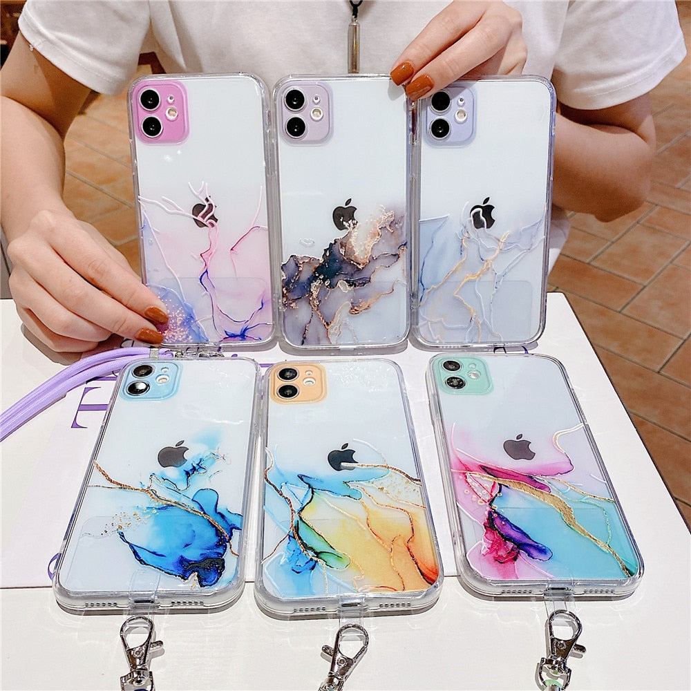 Anymob iPhone Case Marble Granite Black Crossbody Lanyard Soft TPU Chain Cover-Mobile Phone Cases-PEROZ Accessories