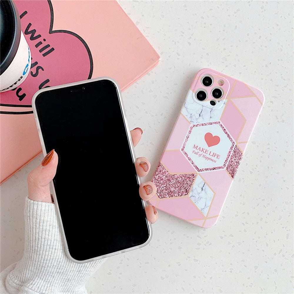 Anymob iPhone Case Purple Love Heart Geometric Marble Shockproof Soft Silicone Cover-Mobile Phone Cases-PEROZ Accessories