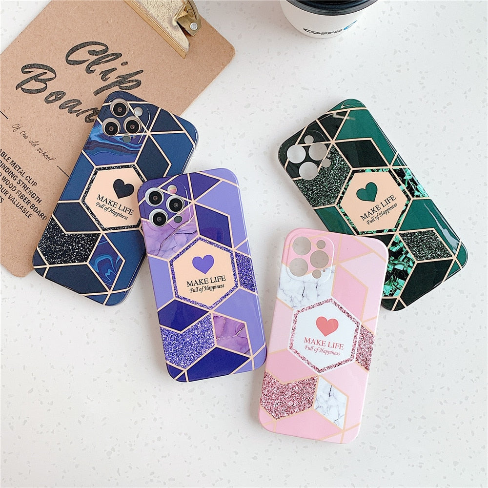 Anymob iPhone Case Purple Love Heart Geometric Marble Shockproof Soft Silicone Cover-Mobile Phone Cases-PEROZ Accessories