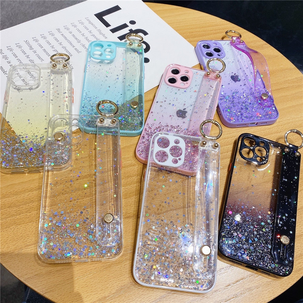 Anymob iPhone Case White Glitter Wristband Transparent Soft Wrist Strap Bracket Cover-Mobile Phone Cases-PEROZ Accessories