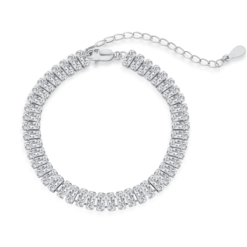 Anyco Bracelet Sterling Silver Platted 5mm Baguette Cut Zircon Full Diamond Bracelet Female Jewelry-Bracelets-PEROZ Accessories