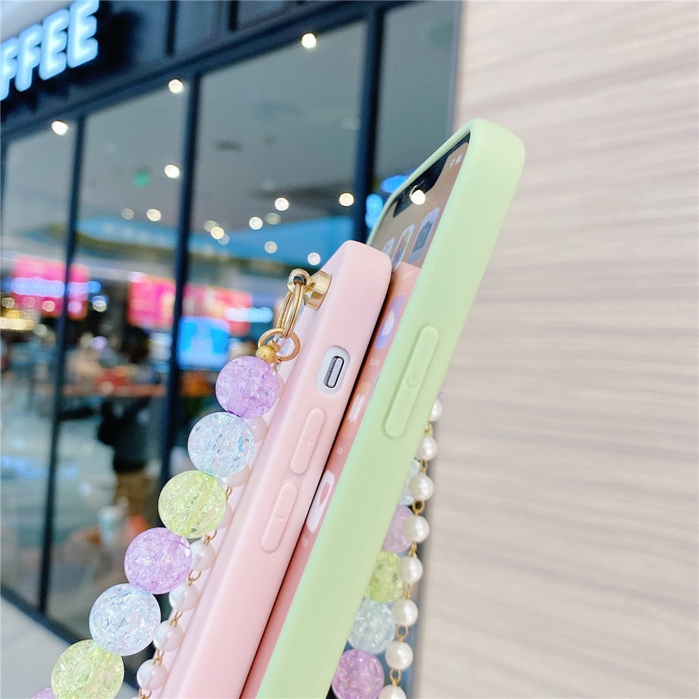 Anymob iPhone Case White Double Row Pearl Bracelet Silicon Cover With Chain Wrist Strap-Mobile Phone Cases-PEROZ Accessories