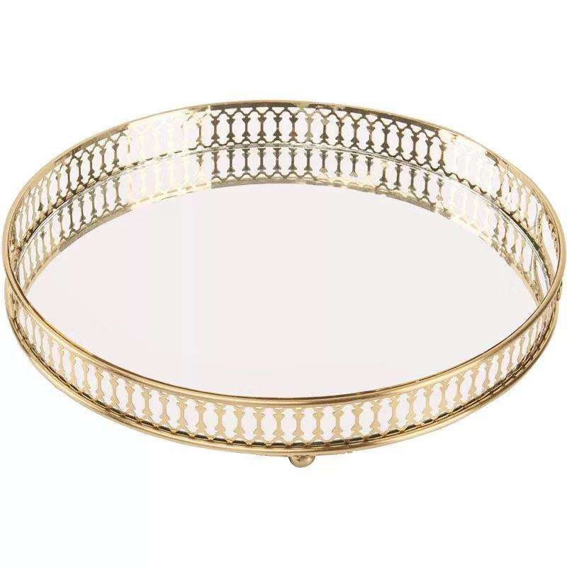 Anyhouz 25cm Gold Round Glass Mirror Base Metal Vanity Food Serving Organizer Jewelry Cosmetics Storage Tray with Handle-Food & Accessory Tray-PEROZ Accessories