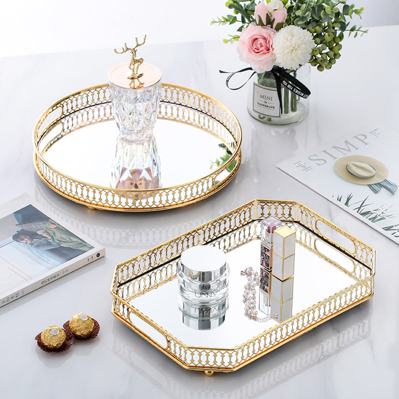 Anyhouz 29cm Gold Rectangle Glass Mirror Base Metal Vanity Food Serving Organisr Jewelry Cosmetics Storage Tray with Handle-Food & Accessory Tray-PEROZ Accessories