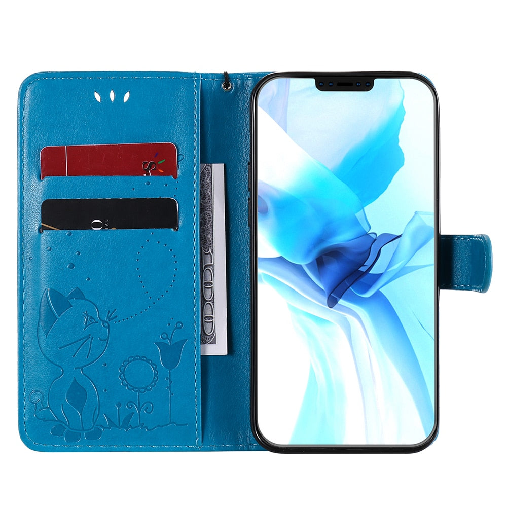 Anymob iPhone Gray Leather Flip Case Embossing Cat and Bee Cover-Mobile Phone Cases-PEROZ Accessories