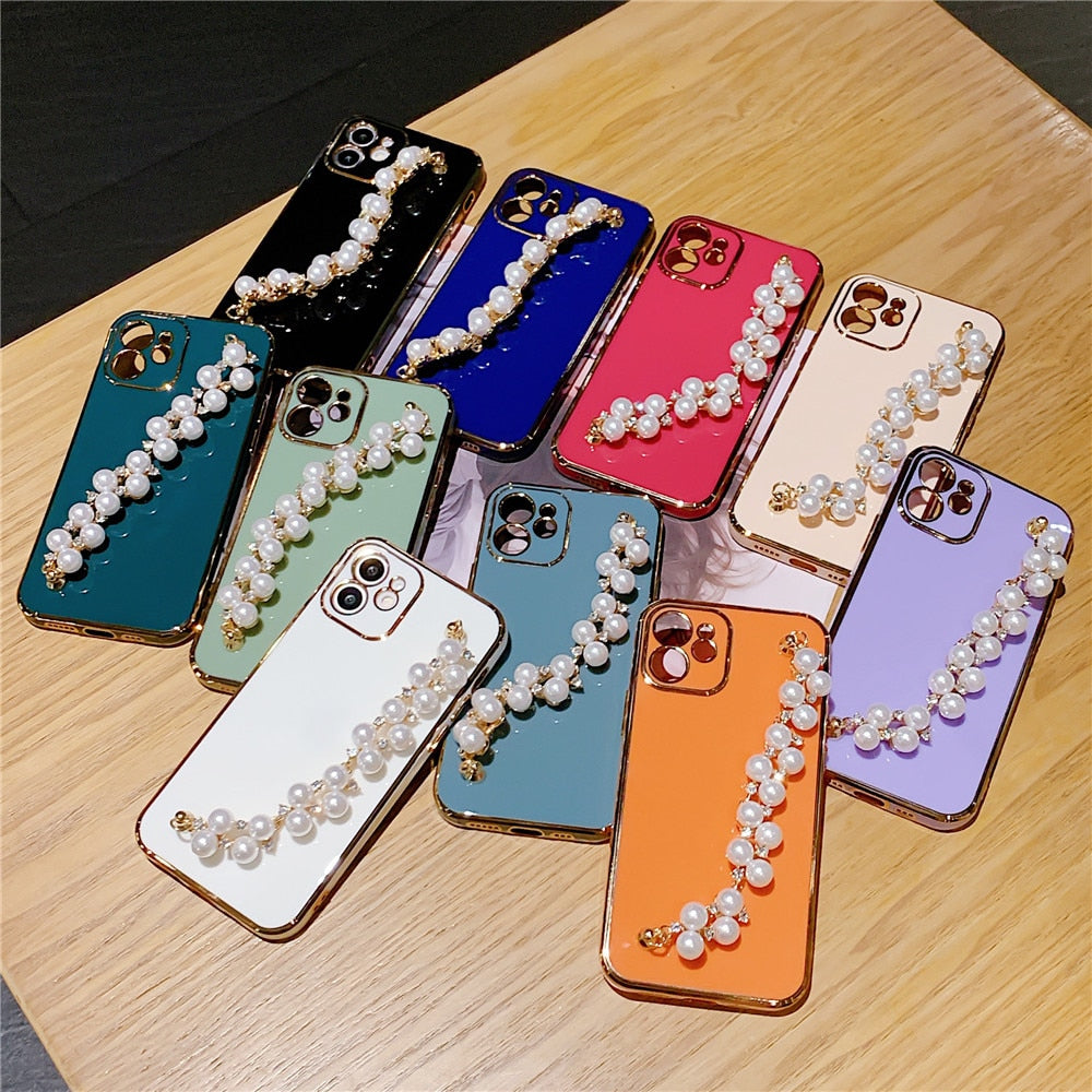 Anymob iPhone Case Orange Plating Pearl Chain Wrist Band Soft Silicone Cover-Mobile Phone Cases-PEROZ Accessories