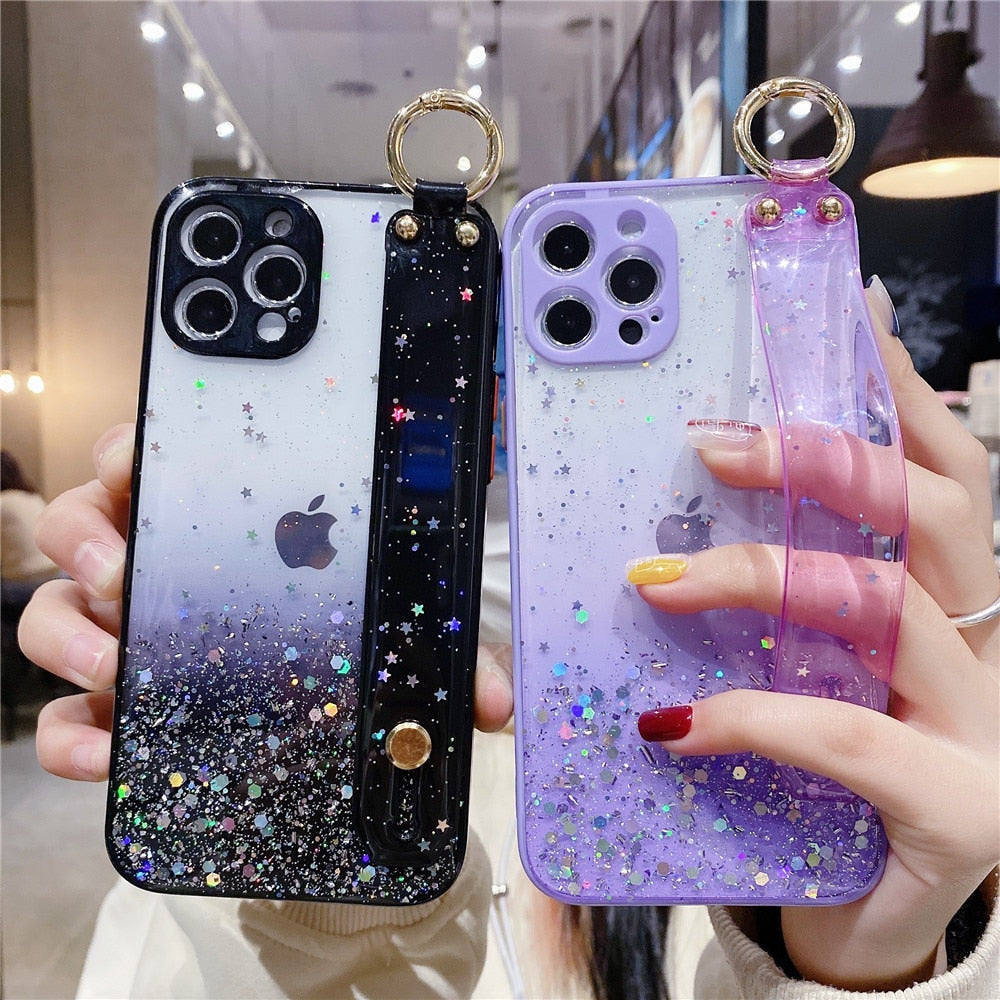 Anymob iPhone Case White Glitter Wristband Transparent Soft Wrist Strap Bracket Cover-Mobile Phone Cases-PEROZ Accessories