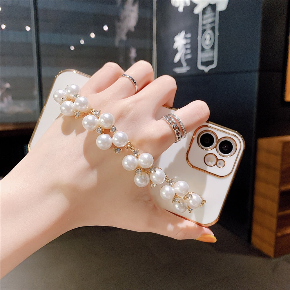 Anymob iPhone Case White Plating Pearl Chain Wrist Band Soft Silicone Cover-Mobile Phone Cases-PEROZ Accessories
