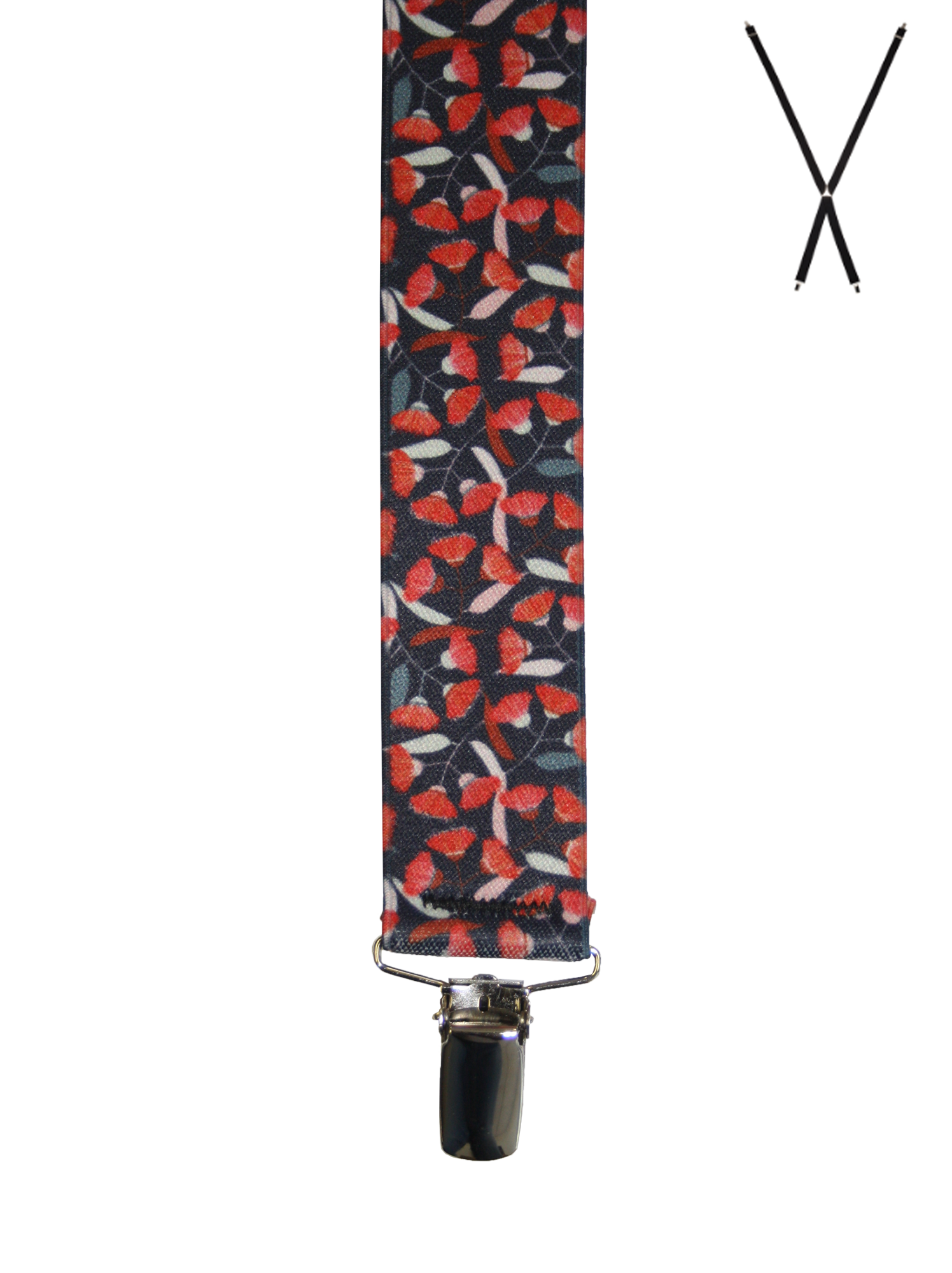 BRACES. X-Back with Nickel Clips. Jocelyn Proust Gum Blossom Print. Red/Navy. 35mm width.-Braces-PEROZ Accessories