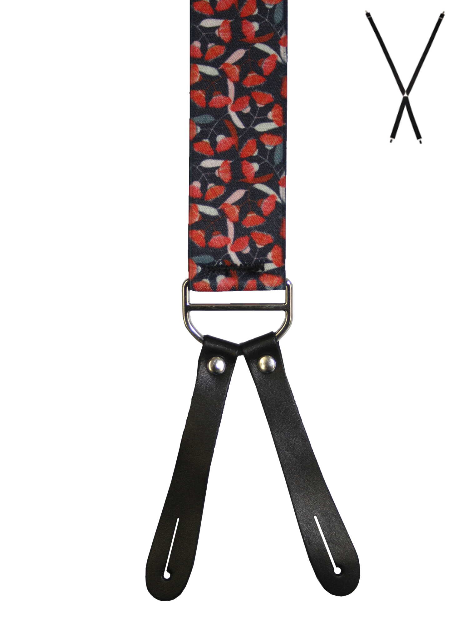 BRACES. X-Back with Leather Ends. Jocelyn Proust Gum Blossom Print. Red/Navy. 35mm width.-Braces-PEROZ Accessories