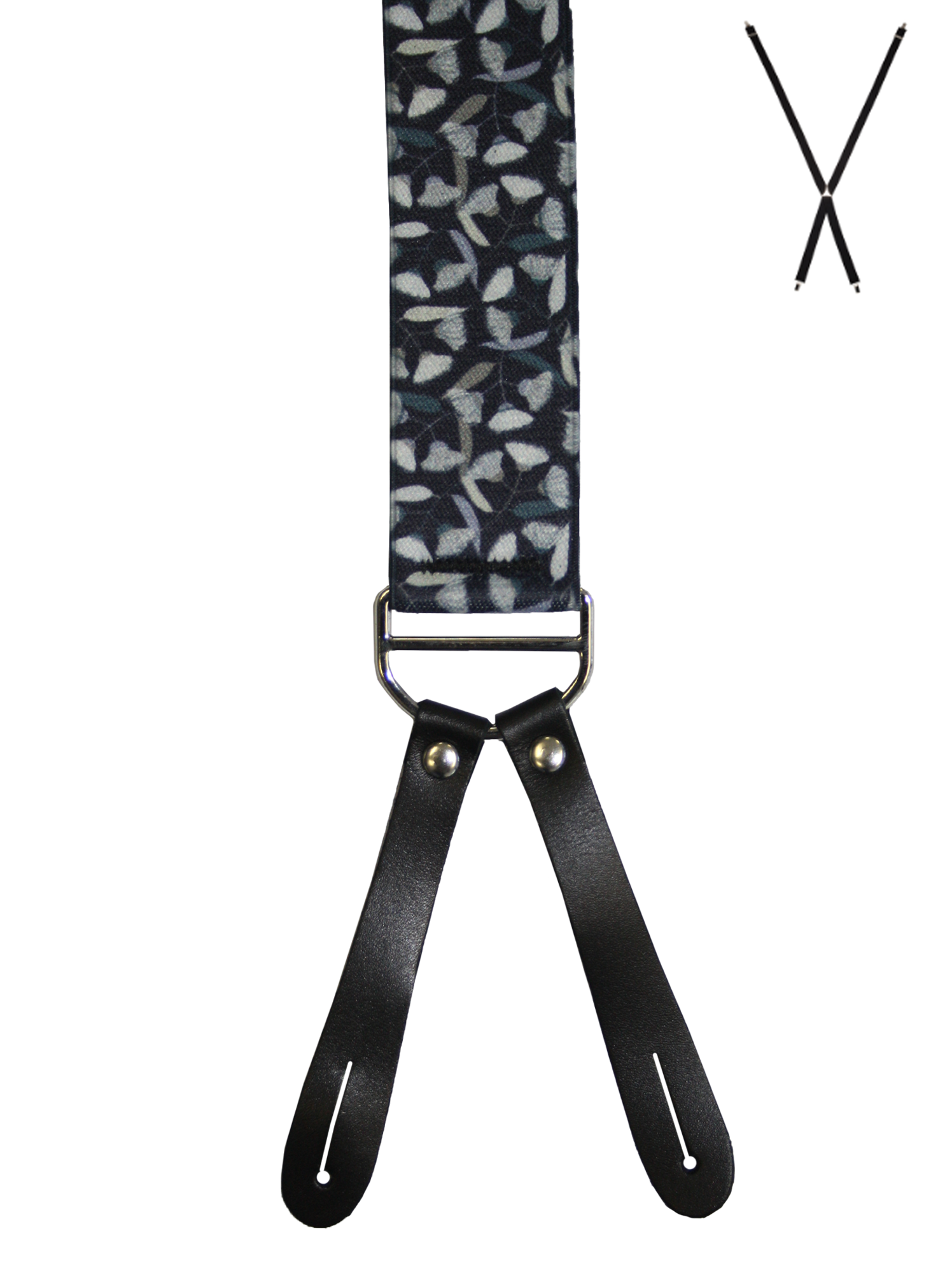 BRACES. X-Back with Leather Ends. Jocelyn Proust Gum Blossom Print. Silver. 35mm width.-Braces-PEROZ Accessories