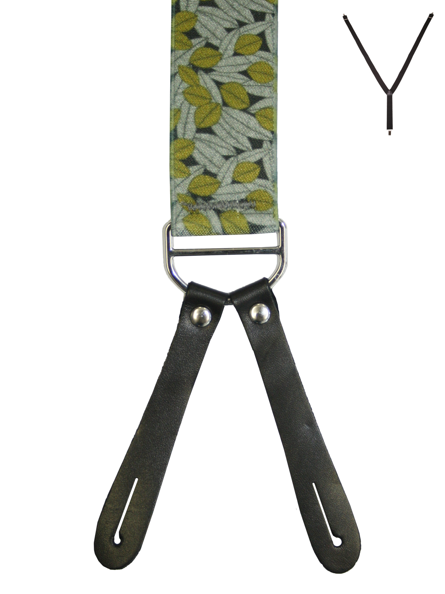 BRACES. Y-Back with Leather Ends. Jocelyn Proust Lined Leaves Print. Black/Gold. 35mm width.-Braces-PEROZ Accessories