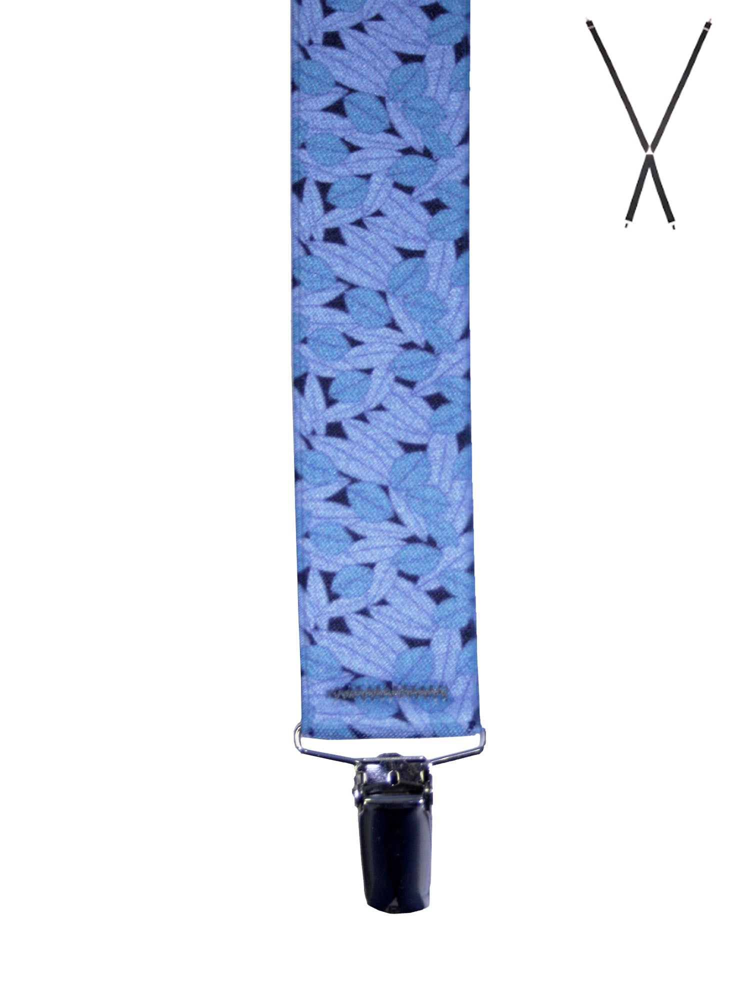 BRACES. X-Back with Nickel Clips. Jocelyn Proust Lined Leaves Print. Navy/Blue. 35mm width.-Braces-PEROZ Accessories