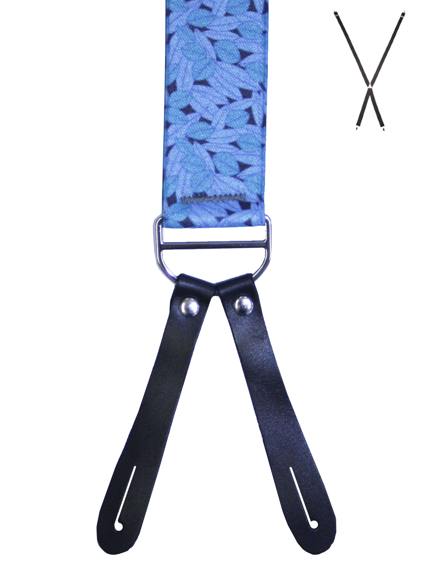 BRACES. X-Back with Leather Ends. Jocelyn Proust Lined Leaves Print. Navy/Blue. 35mm width.-Braces-PEROZ Accessories