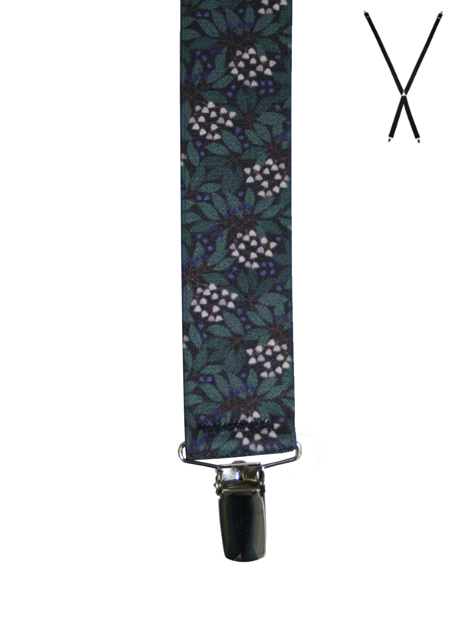 BRACES. X-Back with Nickel Clips. Jocelyn Proust Small Flower Print. Navy/Green. 35mm width.-Braces-PEROZ Accessories