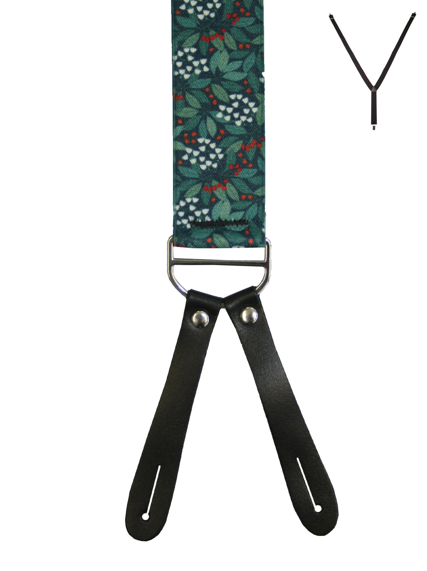 BRACES. Y-Back with Leather Ends. Jocelyn Proust Small Flower Print. Navy/Red. 35mm width.-Braces-PEROZ Accessories