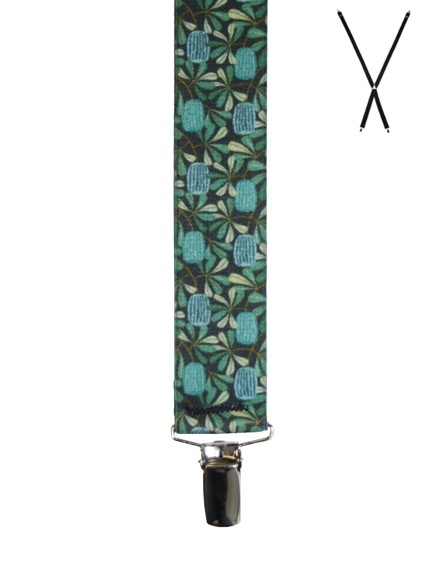 BRACES. X-Back with Nickel Clips. Jocelyn Proust Coastal Banksia Print. Navy/Aqua. 35mm width.-Braces-PEROZ Accessories