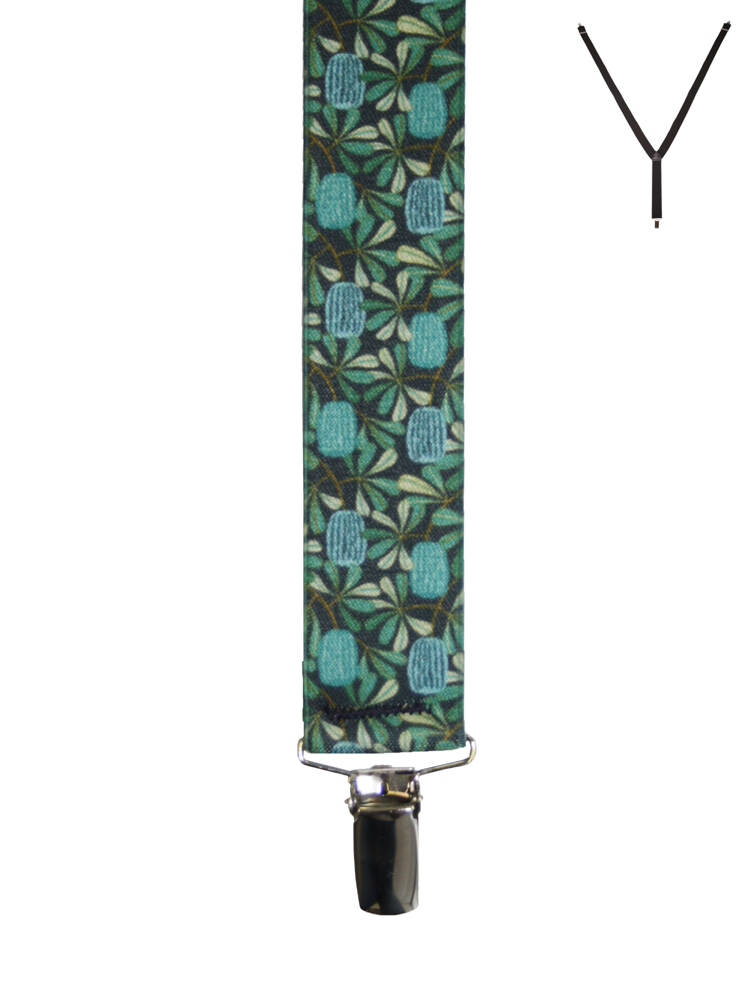 BRACES. Y-Back with Nickel Clips. Jocelyn Proust Coastal Banksia Print. Navy/Aqua. 35mm width.-Braces-PEROZ Accessories