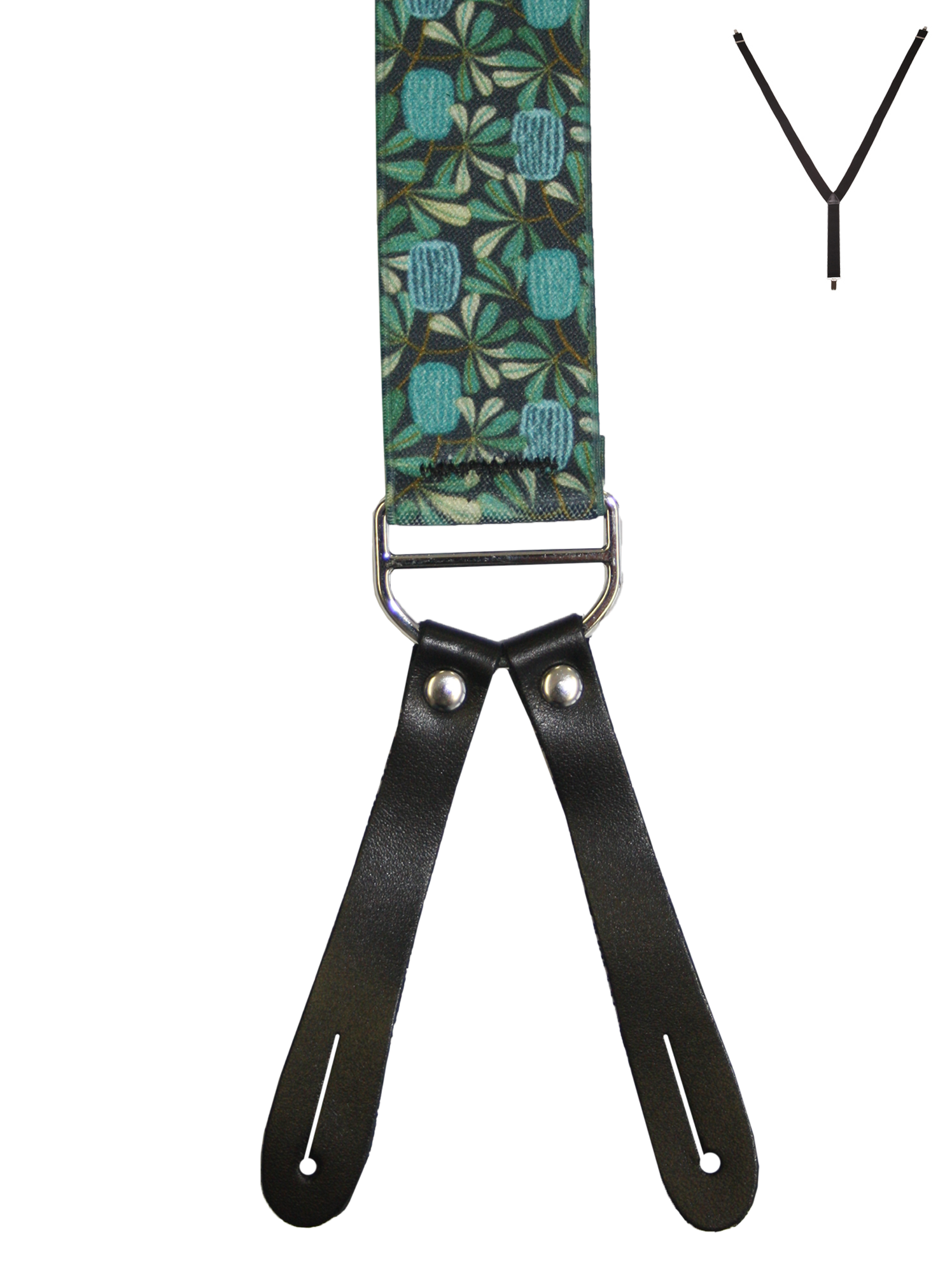 BRACES. Y-Back with Leather Ends. Jocelyn Proust Coastal Banksia Print. Navy/Aqua. 35mm width.-Braces-PEROZ Accessories