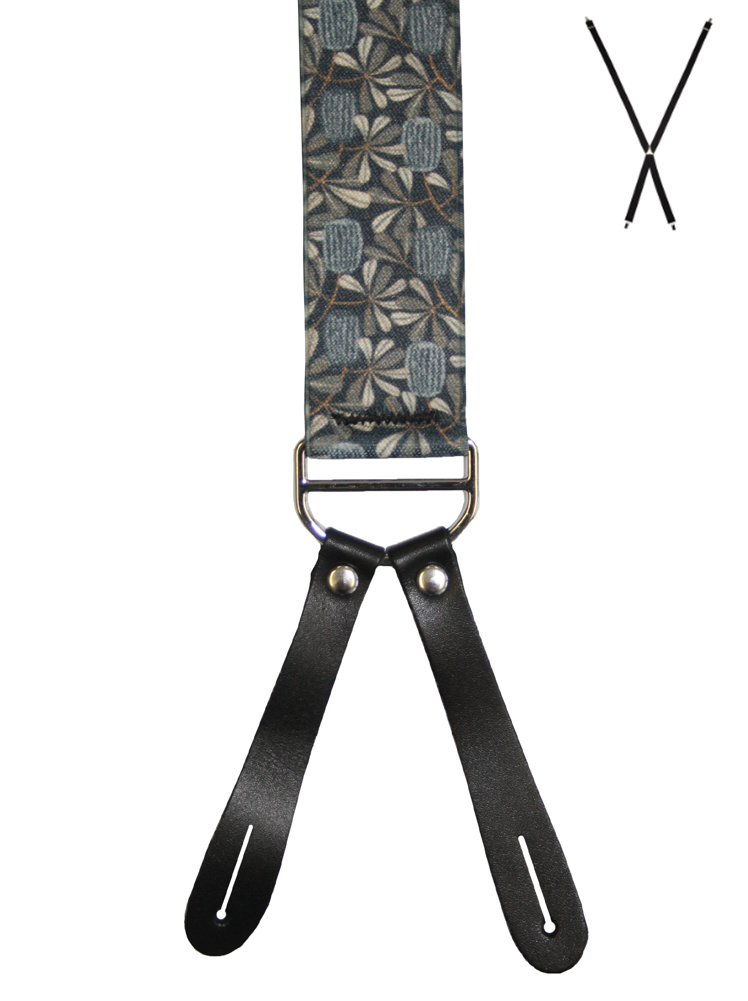BRACES. X-Back with Leather Ends. Jocelyn Proust Coastal Banksia Print. Navy/Brown. 35mm width.-Braces-PEROZ Accessories