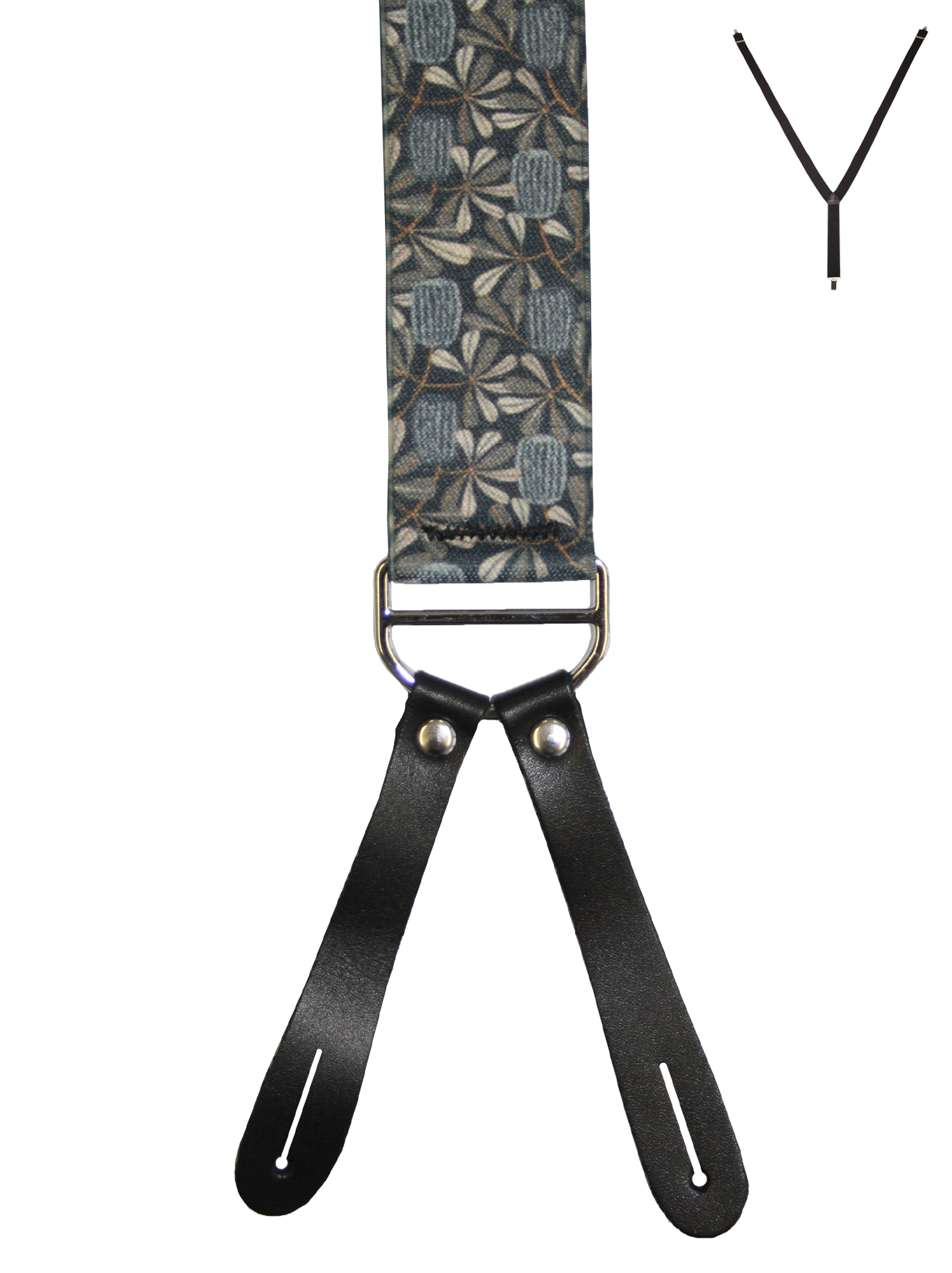 BRACES. Y-Back with Leather Ends. Jocelyn Proust Coastal Banksia Print. Navy/Brown. 35mm width.-Braces-PEROZ Accessories