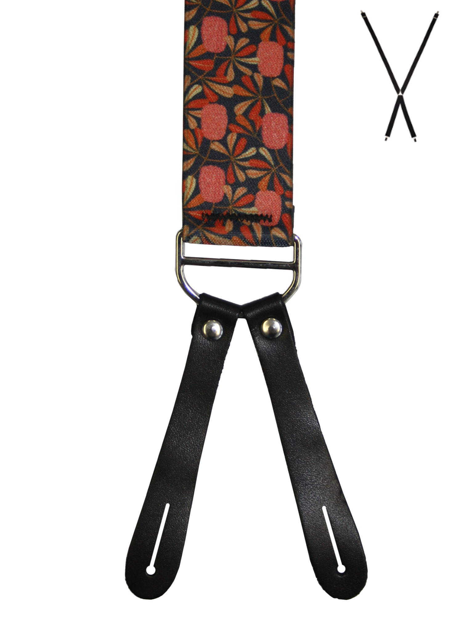 BRACES. X-Back with Leather Ends. Jocelyn Proust Coastal Banksia Print. Navy/Red. 35mm width.-Braces-PEROZ Accessories
