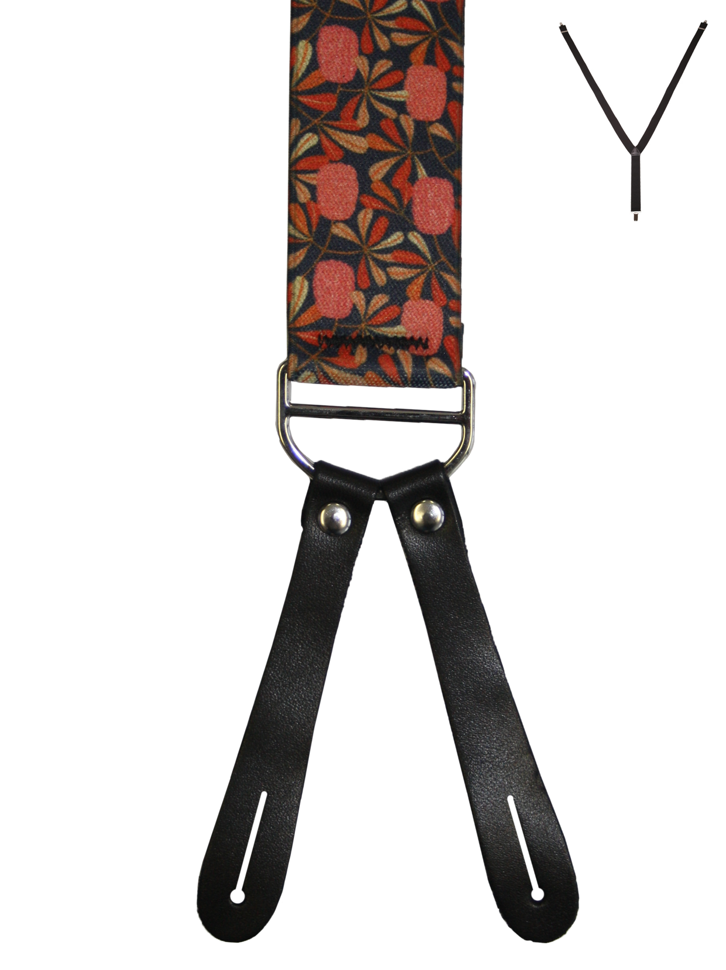 BRACES. Y-Back with Leather Ends. Jocelyn Proust Coastal Banksia Print. Navy/Red. 35mm width.-Braces-PEROZ Accessories