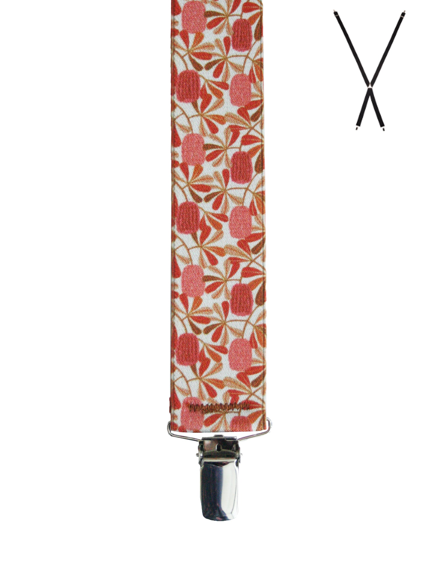 BRACES. X-Back with Nickel Clips. Jocelyn Proust Coastal Banksia Print. Red/Beige. 35mm width.-Braces-PEROZ Accessories